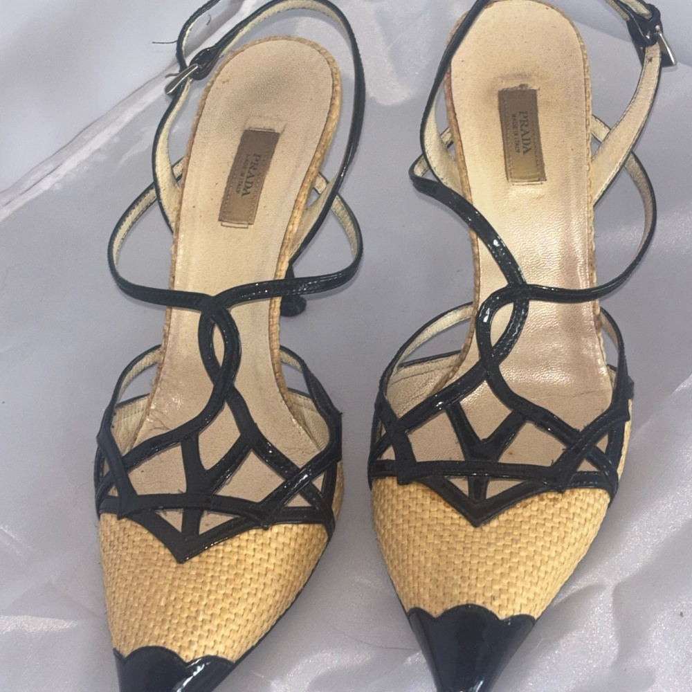 PRADA sling back Black Patent Leather with canvas front.
